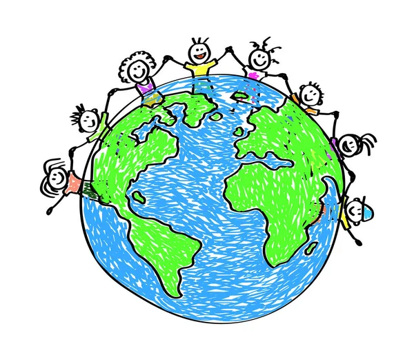 Enfants Planète Terre Sur Fond Blanc Caricature Illustration Vectorielle — Image vectorielle