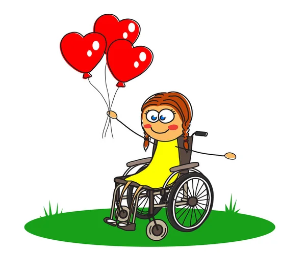 Girl Wheelchair Balloons Cartoon Vector Illustration — Stock Vector