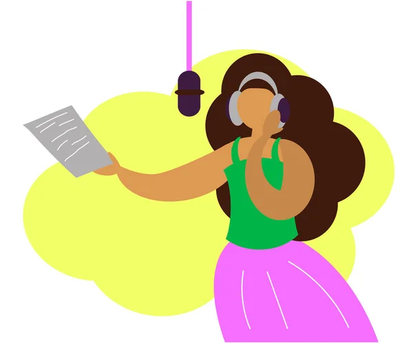 Chica Con Auriculares Lee Texto Micrófono Ilustración Vectorial — Vector de stock