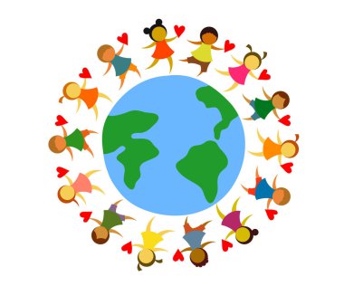 Beyaz arka planda çocuklar ve Dünya gezegeni. Vektör illüstrasyonu.