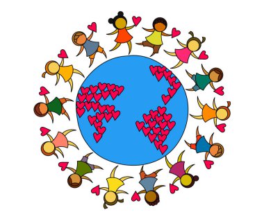 Beyaz arka planda çocuklar ve Dünya gezegeni. Vektör illüstrasyonu.