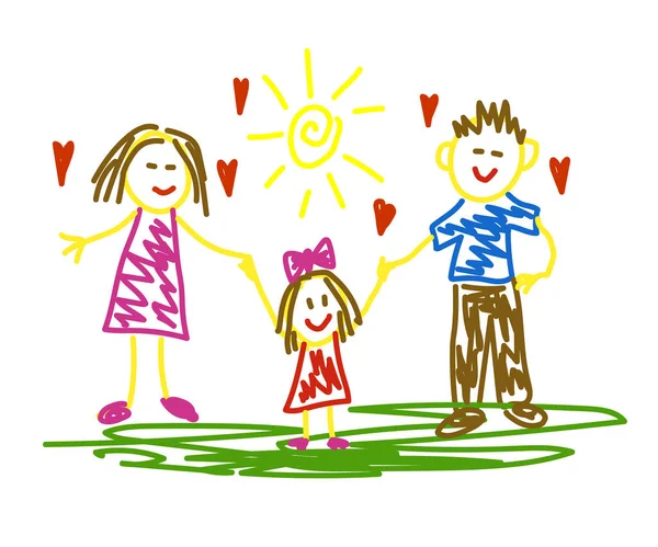 快乐的家庭和阳光 孩子们的画矢量说明 — 图库矢量图片
