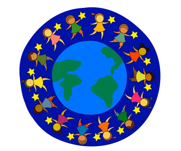 Different Children Planet Earth Cartoon Vector Illustration — Stock Vector