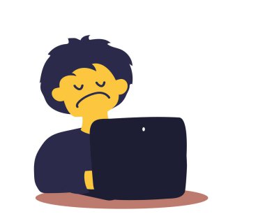 Huysuz adam dizüstü bilgisayarda çalışıyor. Kendini soyutlama. Çizgi film. Vektör illüstrasyonu.