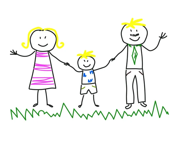 有白人背景的快乐家庭 儿童绘画 矢量说明 — 图库矢量图片