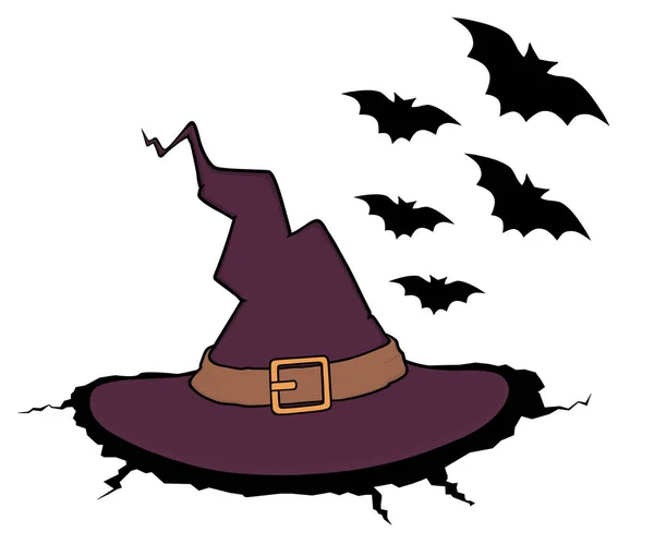 halloween witch hat with buckle and some black bats flying at background
