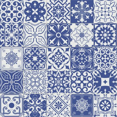 Mavi ve beyaz çini Portekiz tarzı büyük vektör ayarla.