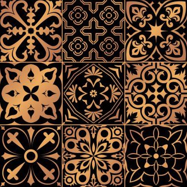 Siyah ve altın çini Portekiz tarzı büyük vektör ayarla.