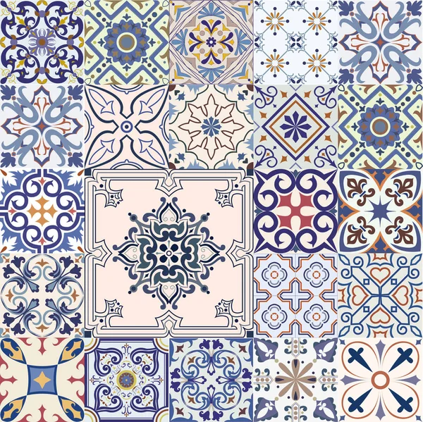 Grande Conjunto Vetorial Azulejos Azuis Brancos Estilo Português — Vetor de Stock