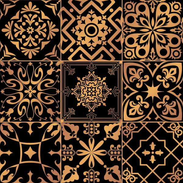 Gran Conjunto Vectorial Azulejos Negros Dorados Estilo Portugués — Vector de stock