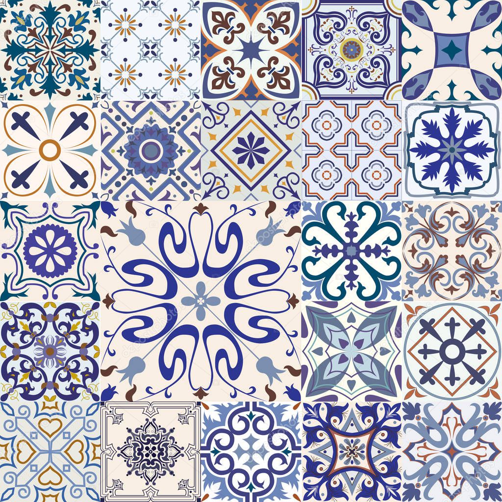 Big vector set of blue and white tiles in portuguese style.