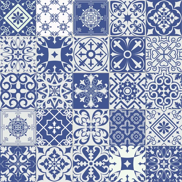 Gran Conjunto Vectorial Azulejos Azules Blancos Estilo Portugués — Vector de stock