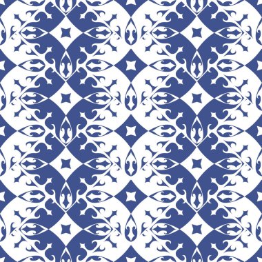 Vektör sorunsuz Portekizce stili arka planda döşer. Mavi ve beyaz mozaik sınır. Fayans seramik Hollandalı, portuguese, İspanyol, İtalyan tarzı için.
