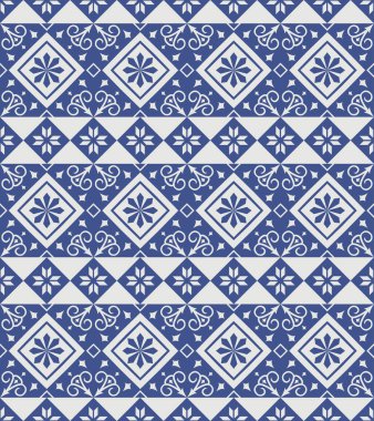 Vektör sorunsuz Portekizce stili arka planda döşer. Mavi ve beyaz mozaik sınır. Fayans seramik Hollandalı, portuguese, İspanyol, İtalyan tarzı için.