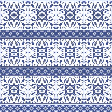 Vektör sorunsuz Portekizce stili arka planda döşer. Mavi ve beyaz mozaik sınır. Fayans seramik Hollandalı, portuguese, İspanyol, İtalyan tarzı için.