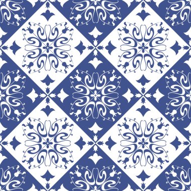 Vektör sorunsuz Portekizce stili arka planda döşer. Mavi ve beyaz mozaik sınır. Fayans seramik Hollandalı, portuguese, İspanyol, İtalyan tarzı için.