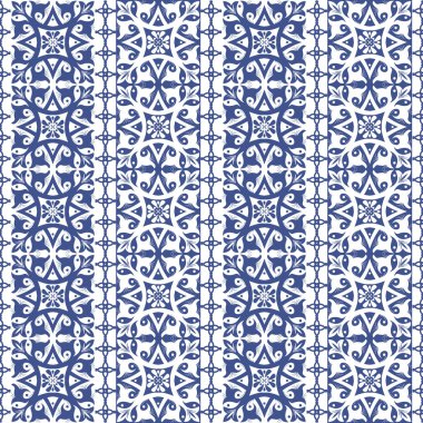 Vektör sorunsuz Portekizce stili arka planda döşer. Mavi ve beyaz mozaik sınır. Fayans seramik Hollandalı, portuguese, İspanyol, İtalyan tarzı için.
