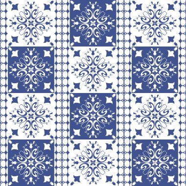 Vektör sorunsuz Portekizce stili arka planda döşer. Mavi ve beyaz mozaik sınır. Fayans seramik Hollandalı, portuguese, İspanyol, İtalyan tarzı için.