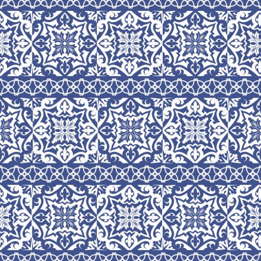 Vektör sorunsuz Portekizce stili arka planda döşer. Mavi ve beyaz mozaik sınır. Fayans seramik Hollandalı, portuguese, İspanyol, İtalyan tarzı için.
