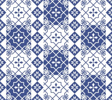 Vektör sorunsuz Portekizce stili arka planda döşer. Mavi ve beyaz mozaik sınır. Fayans seramik Hollandalı, portuguese, İspanyol, İtalyan tarzı için.