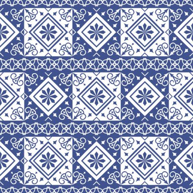 Vektör sorunsuz Portekizce stili arka planda döşer. Mavi ve beyaz mozaik sınır. Fayans seramik Hollandalı, portuguese, İspanyol, İtalyan tarzı için.