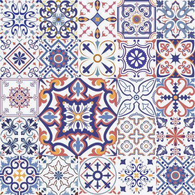 Portekiz İspanyol, İtalyan tarzı gri döşeme büyük vektör ayarlayın. Duvar kağıdı, arka planlar, dekorasyon tasarım, seramik, sayfa dolgu ve daha fazlası için.