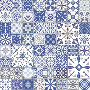 Fayans portuguese, İspanyol, İtalyan tarzı büyük vektör kümesi. Duvar kağıdı, arka planlar, dekorasyon tasarım, seramik, sayfa dolgu ve daha fazlası için.