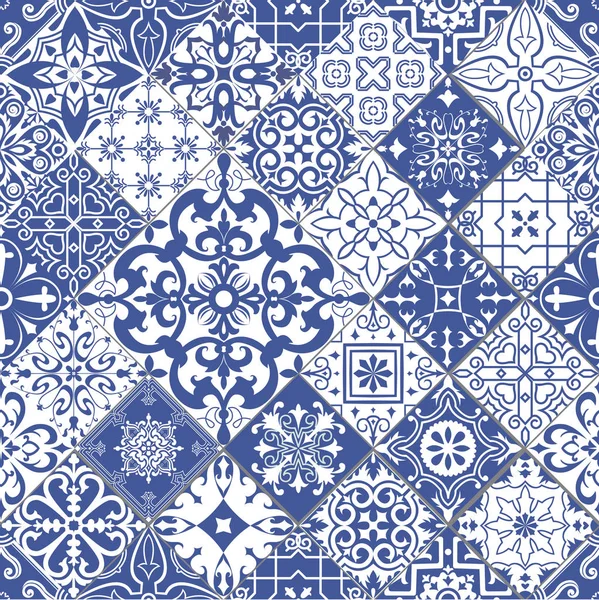 Vector Naadloze Tegels Achtergrond Portugese Stijl Blauwe Witte Mozaïek Patroon — Stockvector