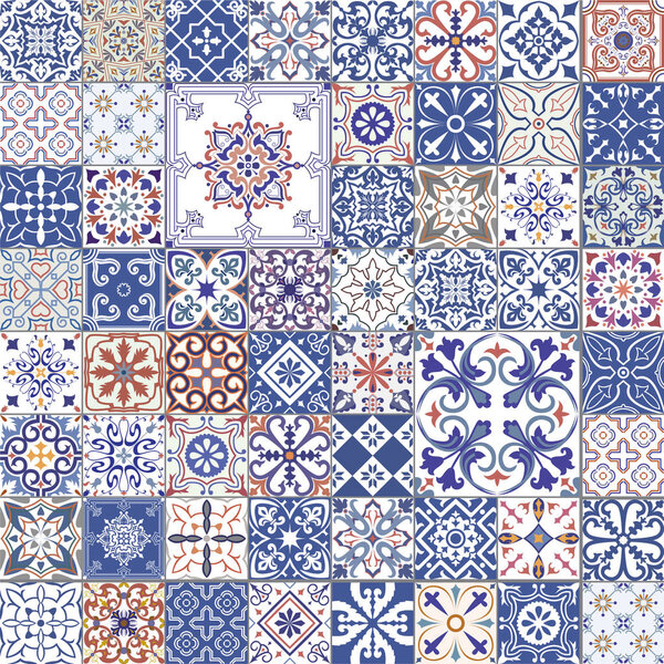 Big vector set of tiles in portuguese, spanish, italian style. For wallpaper, backgrounds, decoration for your design, ceramic, page fill and more.