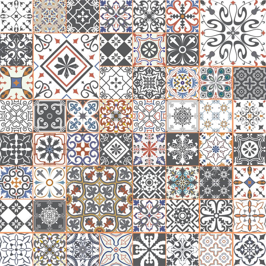 Big vector set of tiles in portuguese, spanish, italian style. For wallpaper, backgrounds, decoration for your design, ceramic, page fill and more.