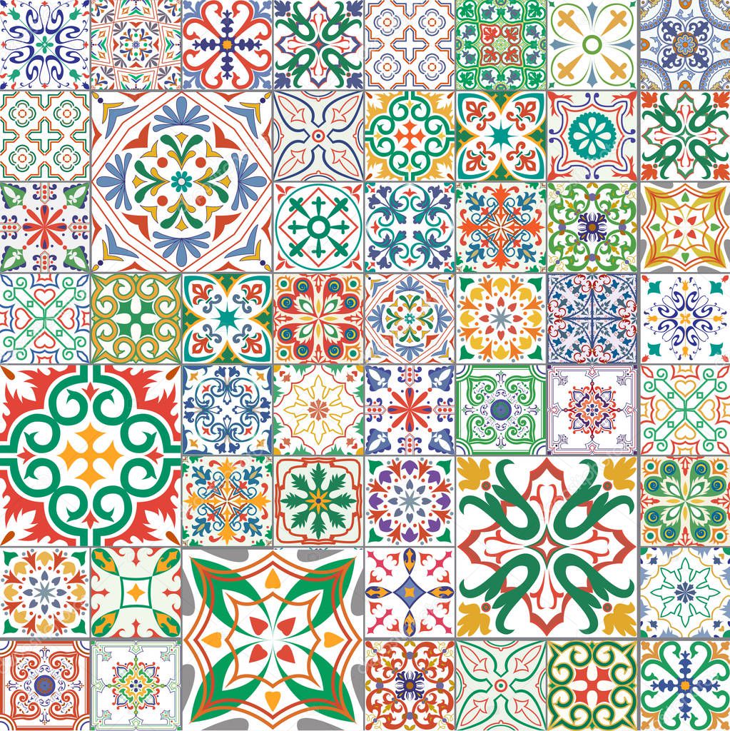 Big vector set of tiles in portuguese, spanish, italian style. For wallpaper, backgrounds, decoration for your design, ceramic, page fill and more.