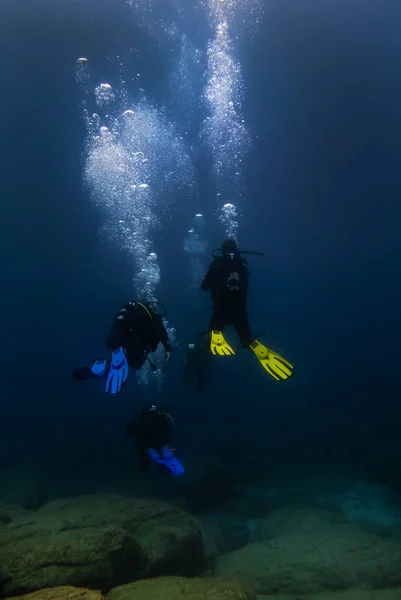 Водолазы Плавают Глубокой Голубой Воде Океана — стоковое фото