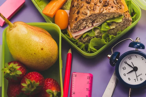 Lunch boxes with fresh breakfast. Breakfast school time concept.