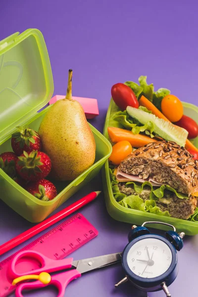 Lunch boxes with fresh breakfast. Breakfast school time concept.