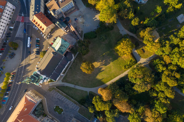 Top down view to Sanctuary of Saint. Joseph's in Kalisz and public park.