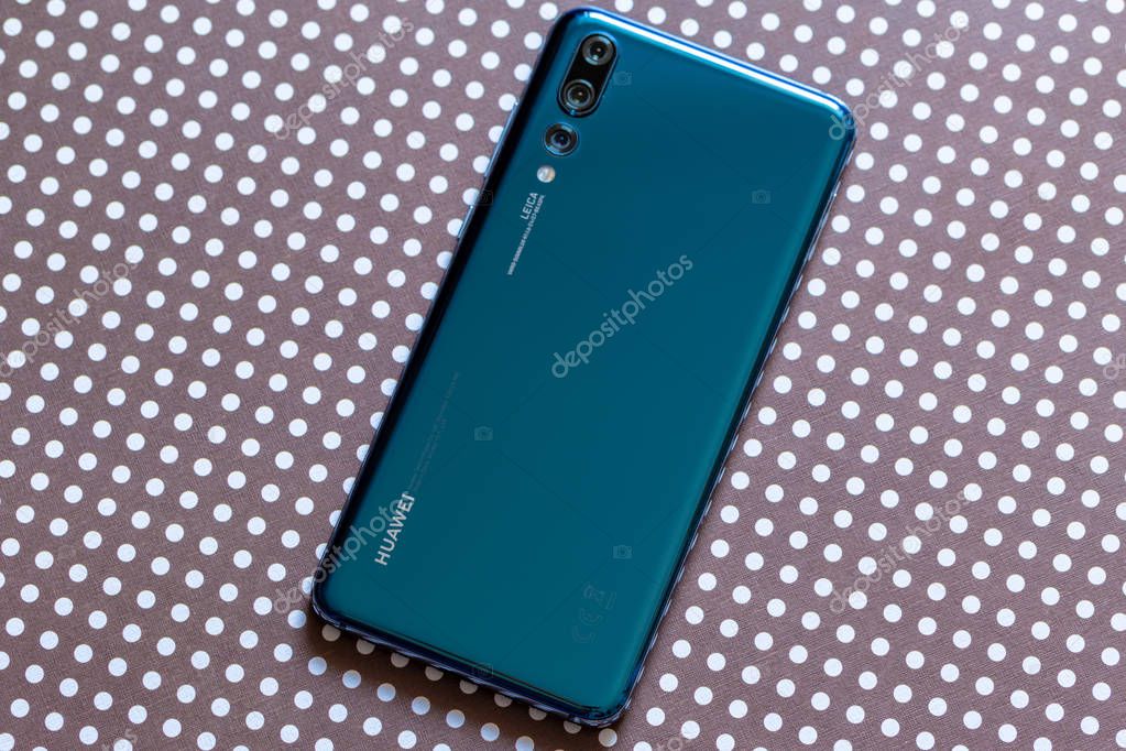 Warsaw, Poland - October 07,2018: Smartphone Huawei P20 Pro in blue colour.