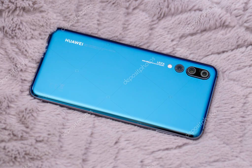 Warsaw, Poland - October 07,2018: Smartphone Huawei P20 Pro in blue colour.