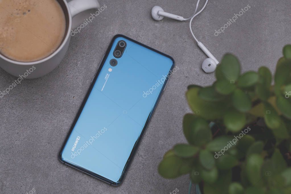 Warsaw, Poland - October 07,2018: Smartphone Huawei P20 Pro in blue colour.