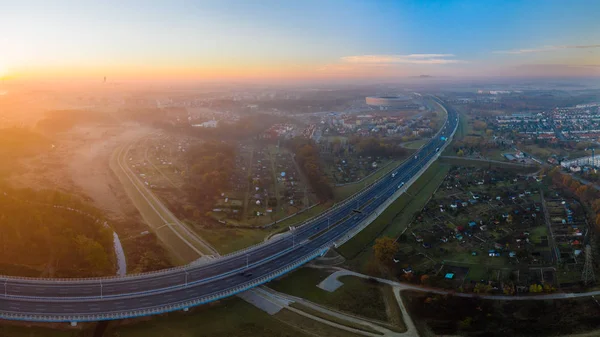 Stadtbild Mit Autobahn Und Stadion Breslau Bei Sonnenaufgang — Stockfoto