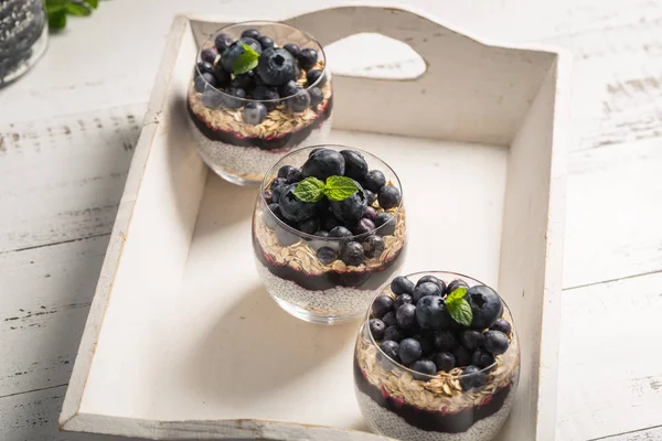 Hidangan Penutup Ringan Dari Puding Chia Dengan Blueberry Oat Dan — Stok Foto