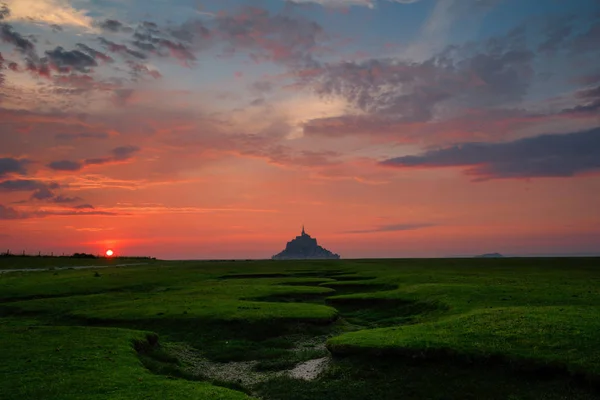 Sunset View Mont Saint Michel France River Foreground Colorful Sky — Stock Photo, Image