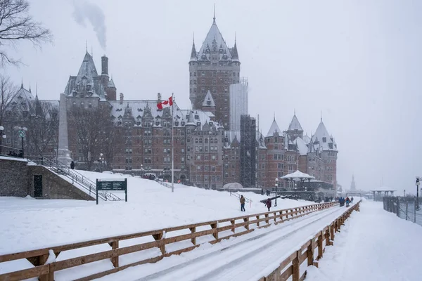 Castello Frontenac Nella Città Quebec Durante Inverno Nessuno Nevicando — Foto Stock