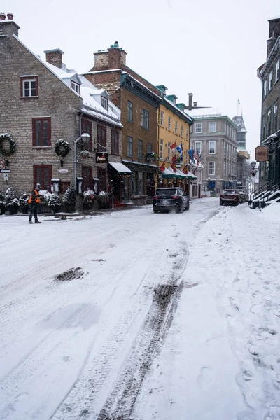 Smalle Straatjes Oude Stad Quebec Tijdens Winter Veel Sneeuw — Stockfoto