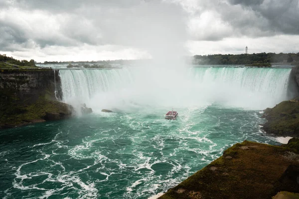 View of the Niagara falls from Canada side. Cloudy but sunny weather, green water.