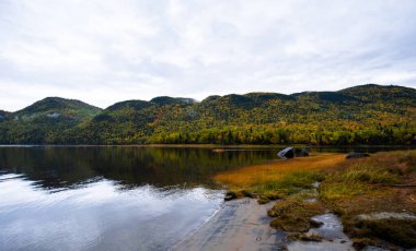 Kanada 'nın Quebec kentindeki Sagenay Fjord' un panoramik manzarası. Sonbahar renkleri