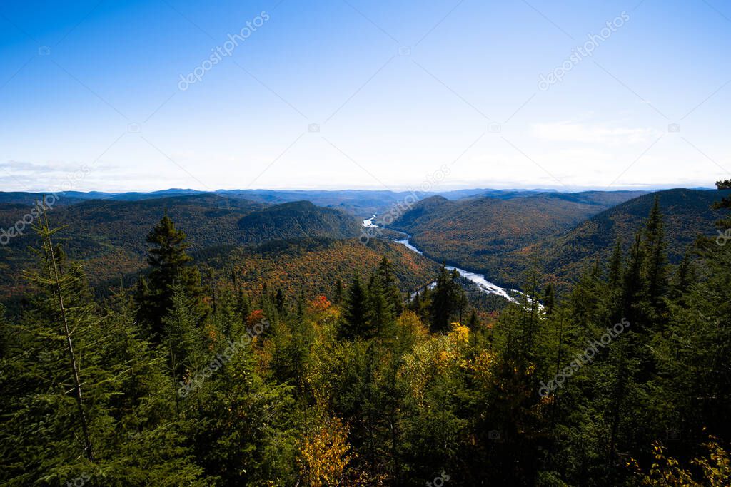 Panoramic view of the mountains in the national parc of Jacques Cartier, Quebec, Canada. Autumn colors, nobody