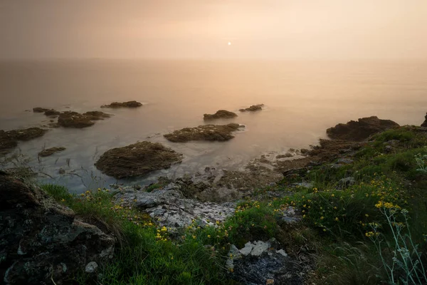 Sunset Rocks Long Exposure Pointe Grouin France — Stock Photo, Image