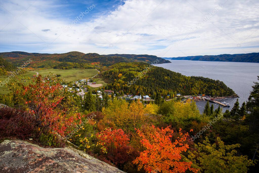 Peak view of Sainte Rose du nord Village in Quebec. Autumn time.