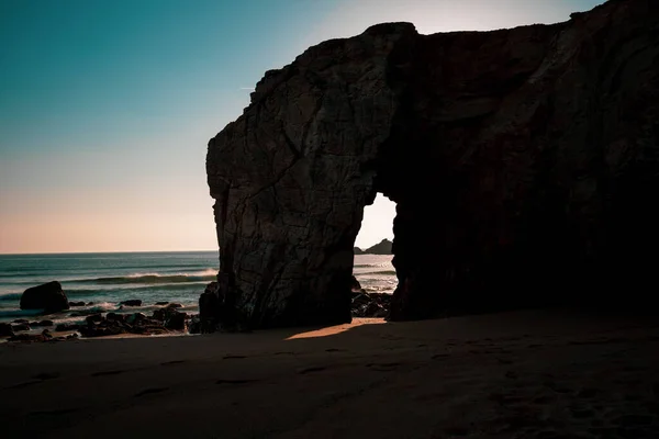 Sunset Rock Arch Beach Backlight Port Guen Bretagne France — Stock Photo, Image