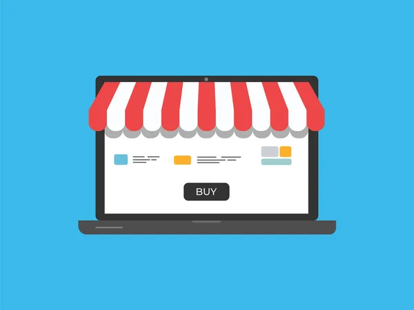 Online alışveriş. Dijital pazarlama, mağaza, E-ticaret alışveriş kavramı. Çizgili tente, laptop perde satın. İzole mavi renkli düz vektör simgesi. Moda tasarım web UI, mobil upp, afiş, poster için